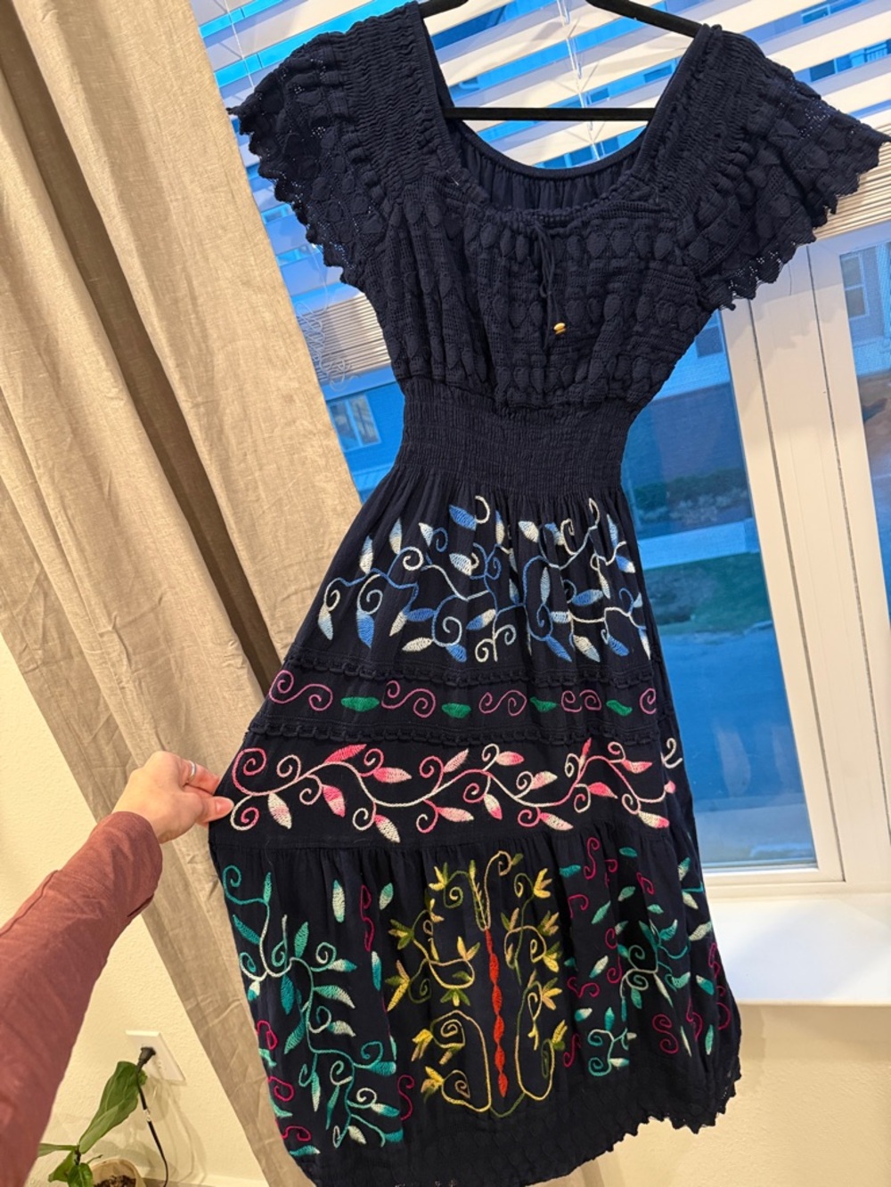 Embroidered Navy Boho Maxi Dress Handmade in Peru - Picture 2 of 3